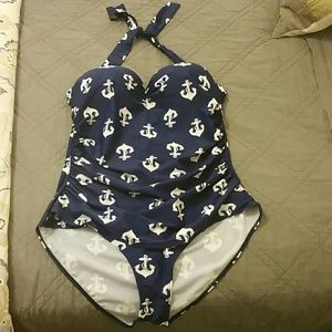 Plus Size Halter Navy Anchor Bathing Suit